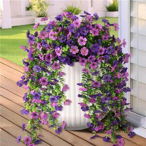 Artificial hanging flowers outdoor UV resistant faux plants porch decor purple